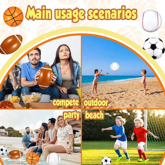 Palloni Gonfiabili da Spiaggia con Grafica Sportiva – Baseball, Pallavolo, Calcio, Basket, Rugby – 30 cm