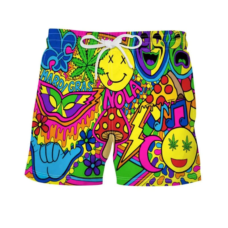 Bermuda da Spiaggia Uomo con Stampa Tiki Retrò – Pantaloncini Casual Estivi, Taglie Bambino e Adulto (4T–6XL)