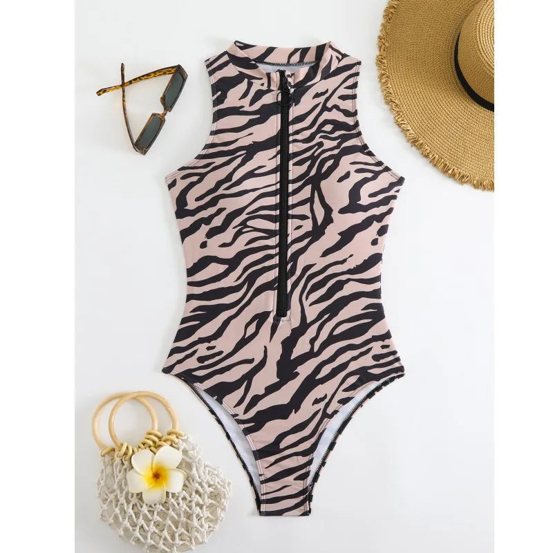 Costume da Bagno Intero Donna Taglio Alto con Zip Frontale – Stampa Animalier