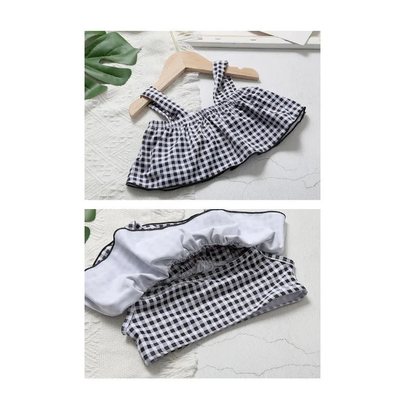 Costume da Bagno per Bambina 3 Pezzi con Cuffia – Bikini Stile Coreano a Quadri con Fiocco Farfalla, 10–30 kg Bianco e Nero