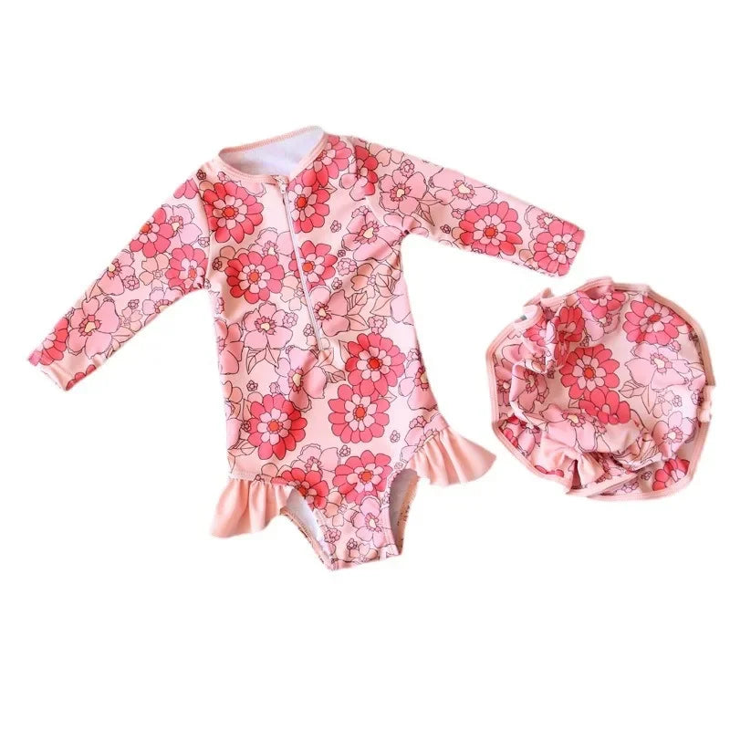 Costume da Bagno Intero per Bambina a Manica Lunga con Cerniera – Rash Guard Floreale ad Asciugatura Rapida, 10–30 kg 3 Fantasie