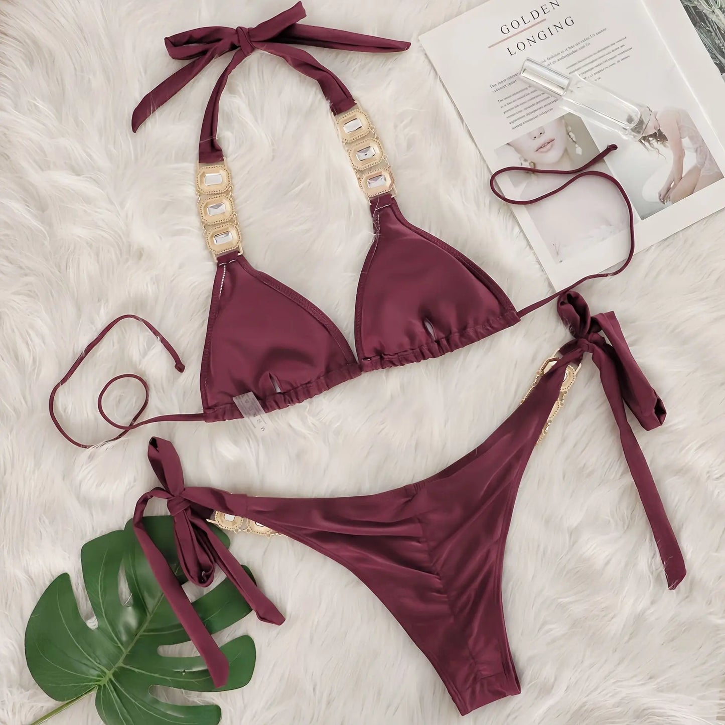 Bikini Donna Due Pezzi con Laccetti Sottili e Strass