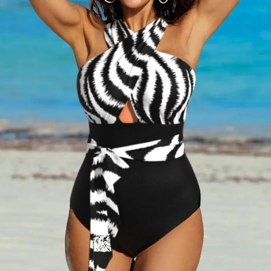 Costume Intero Plus Size Donna con Pannelli Incrociati e Cintura – Stampa Zebrata e a Righe M–XXXL