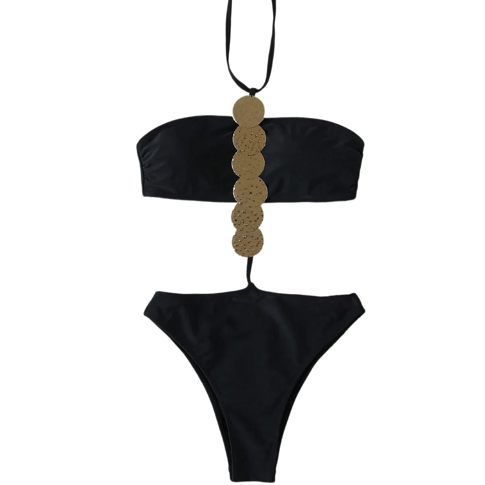 Costume Intero Donna Push Up con Allacciatura al Collo e Dettagli Metallici – Nero, S-L