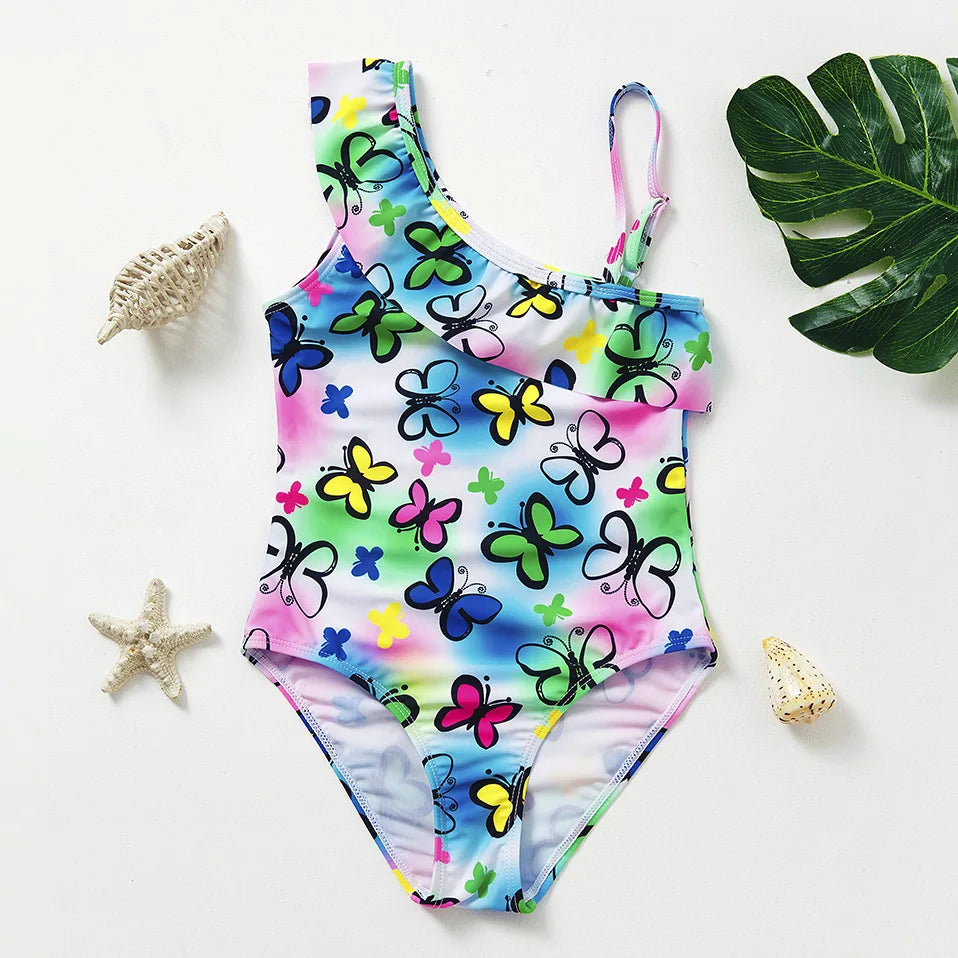 Costume da Bagno Intero Bambina con Balze e Stampa Fantasia – 21 Fantasie, Taglie 1–8 Anni