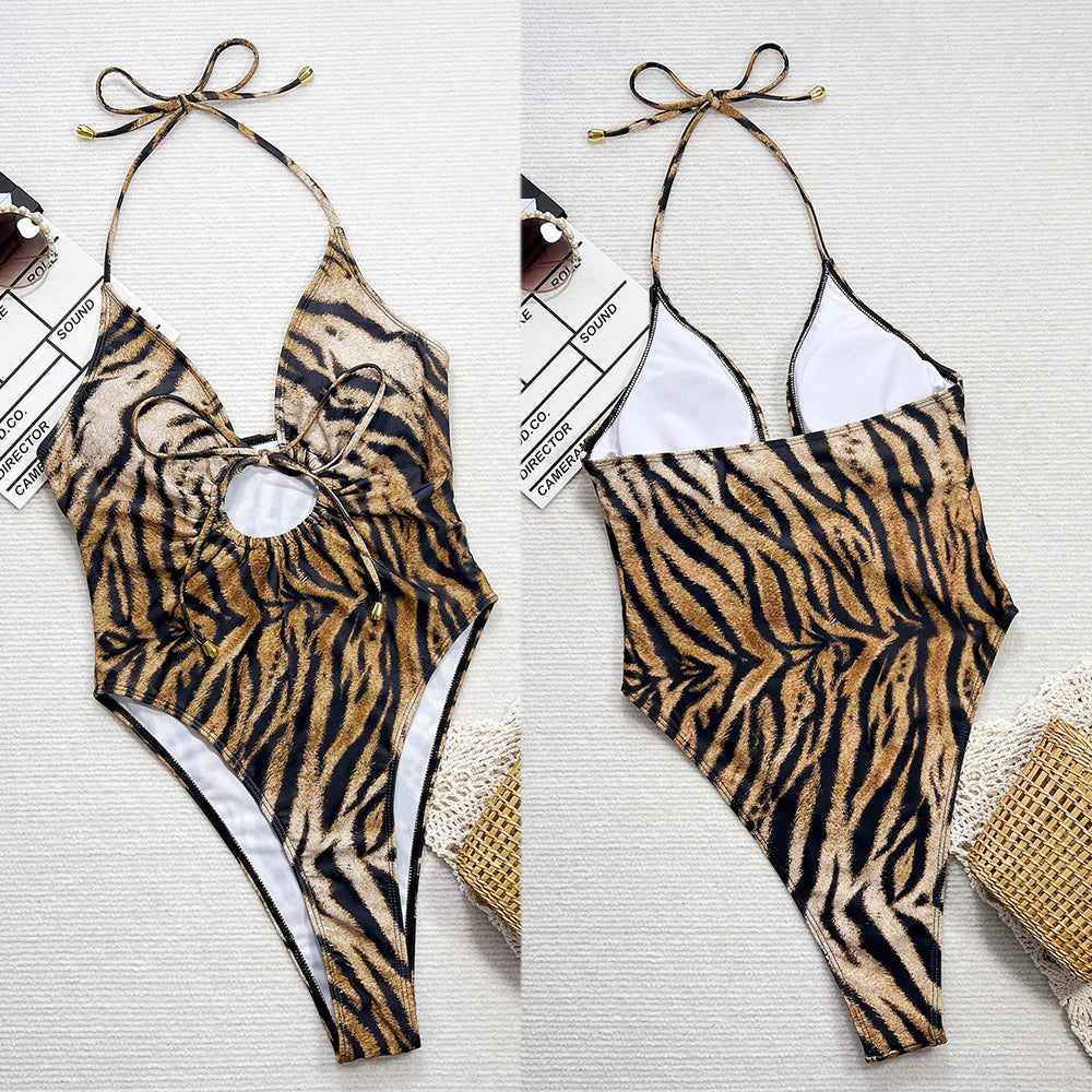 Costume da Bagno Intero Donna con Spalline Regolabili e Stampa Leopardata