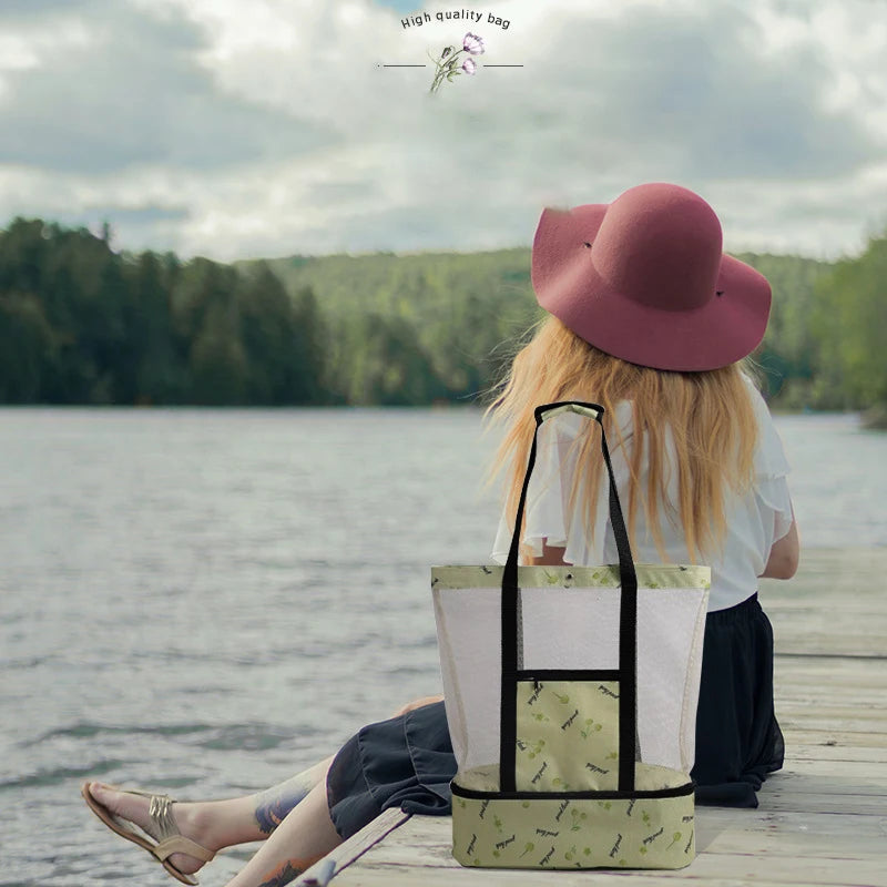 Borsa da Spiaggia in Rete Trasparente con Scomparto Termico – Capiente, Doppio Strato, 40×50 cm, 4 Colori