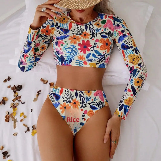 Rashguard Donna Set Due Pezzi Manica Lunga Stampa Floreale Protezione UV