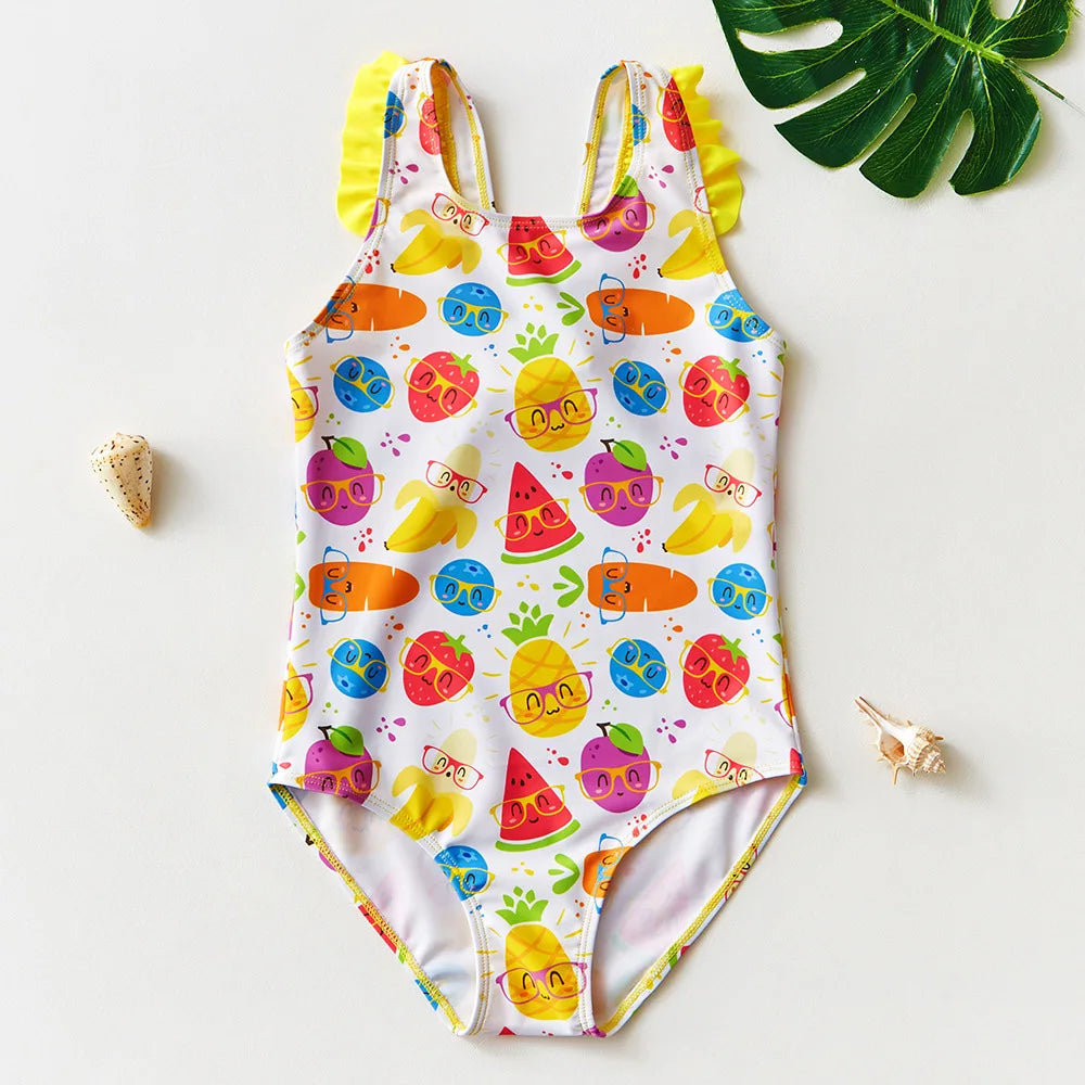 Costume da Bagno Intero Bambina con Balze e Stampa Fantasia – 21 Fantasie, Taglie 1–8 Anni