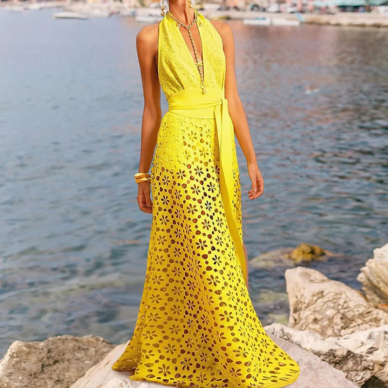Costume Intero Donna Giallo Scollo a V Profondo con Gonna