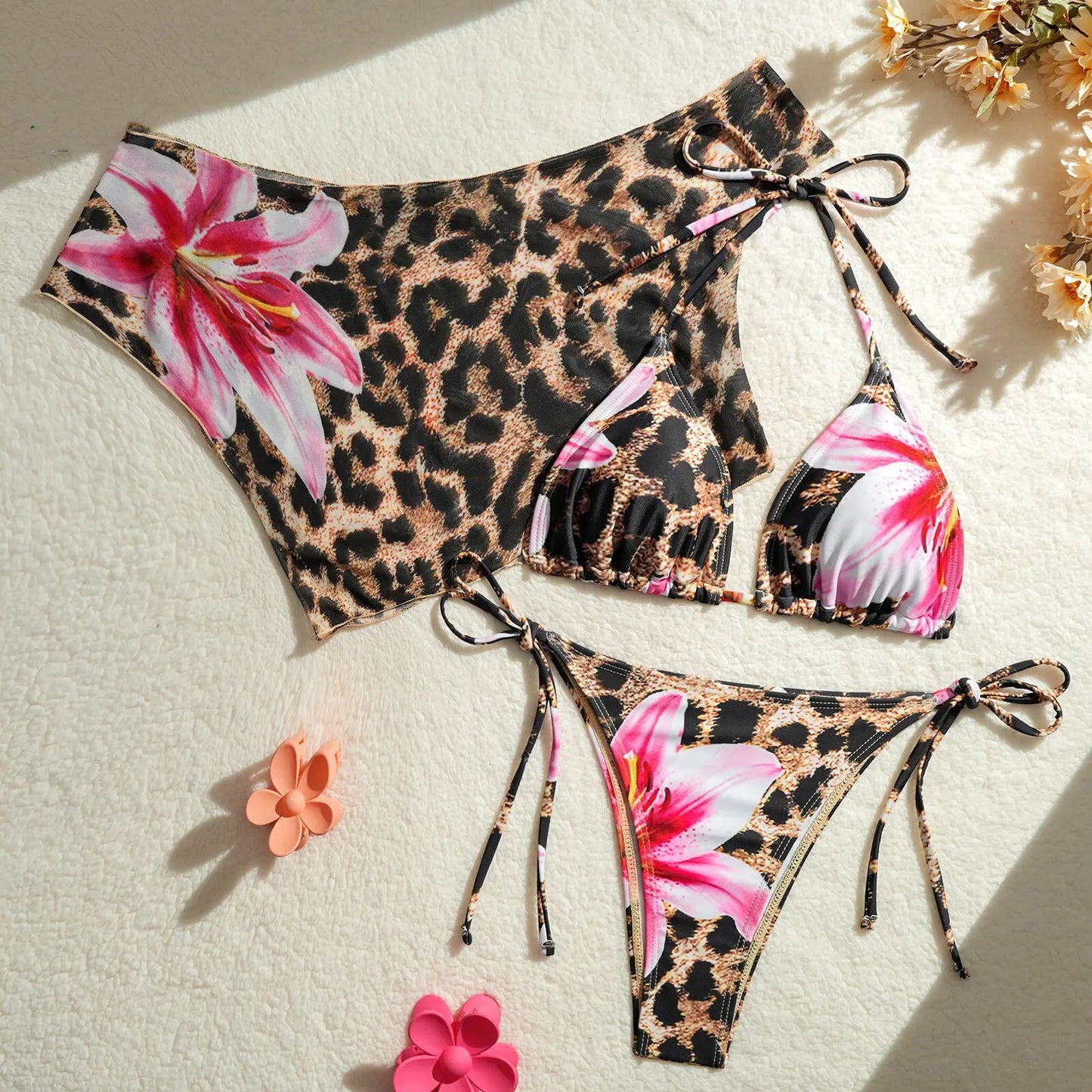 Bikini Donna 3 Pezzi Push Up Floreale Rosa Vintage Costume da Mare Estate 2026