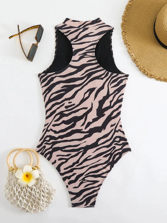 Costume da Bagno Intero Donna Taglio Alto con Zip Frontale – Stampa Animalier