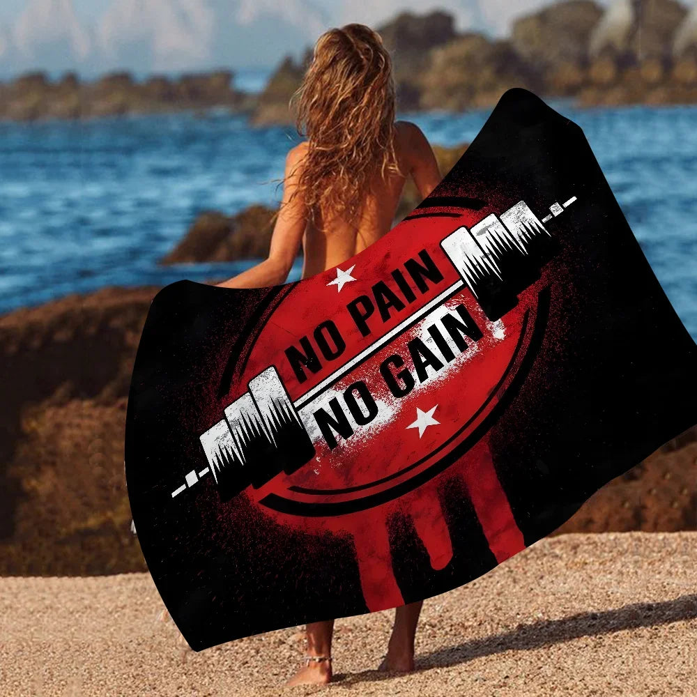 Telo Mare e Palestra in Microfibra con Slogan Fitness su Fondo Nero – 10 Modelli 6 Misure da 40×70 a 150×220 cm