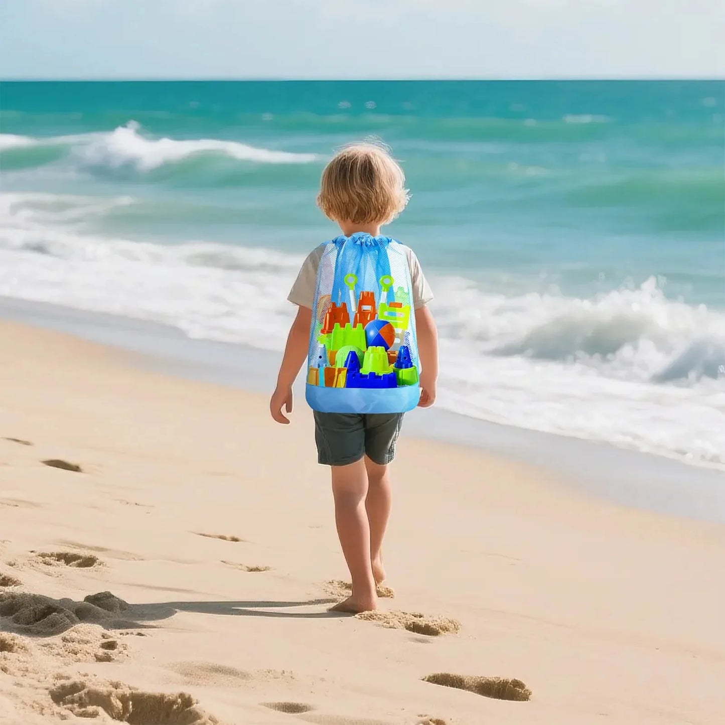 Borsa da Spiaggia in Rete con Coulisse per Bambini – Anti-Sabbia, Spalline Regolabili, 23×50 cm, 5 Colori