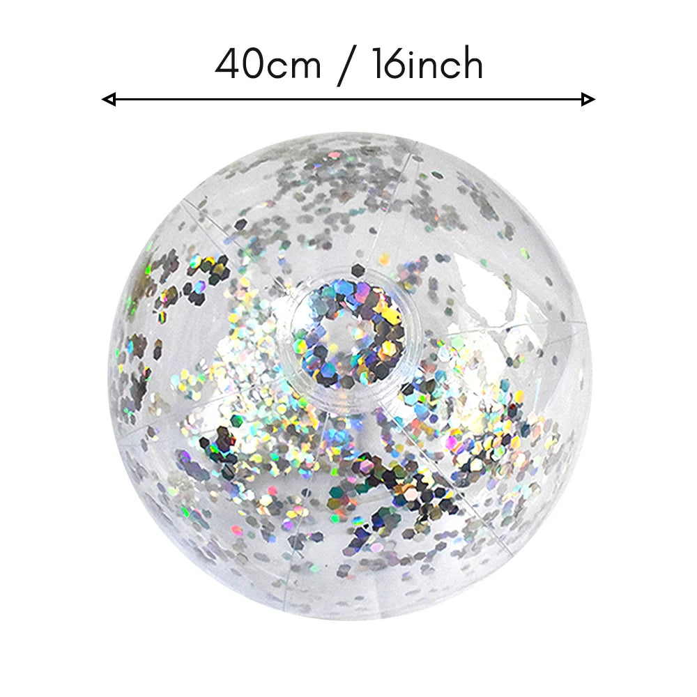 Pallone da Spiaggia Gonfiabile Trasparente con Paillettes – 40 cm – Argento, Oro, Blu, Rosa
