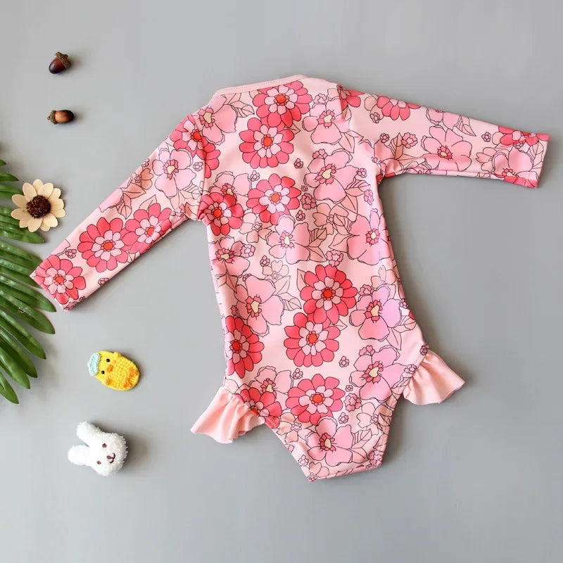 Costume da Bagno Intero per Bambina a Manica Lunga con Cerniera – Rash Guard Floreale ad Asciugatura Rapida, 10–30 kg 3 Fantasie