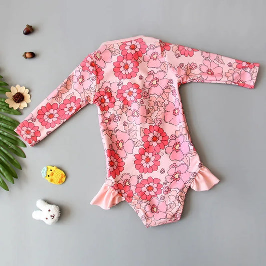 Costume da Bagno Intero per Bambina a Manica Lunga con Cerniera – Rash Guard Floreale ad Asciugatura Rapida, 10–30 kg 3 Fantasie