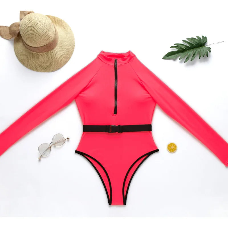 Costume Intero Donna Manica Lunga con Cerniera – Verde Fluo / Fucsia Fluo, Protezione UV, Surf