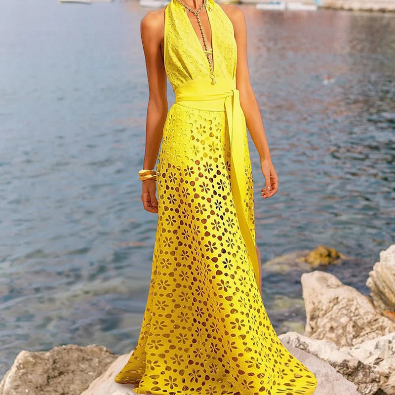 Costume Intero Donna Giallo Scollo a V Profondo con Gonna