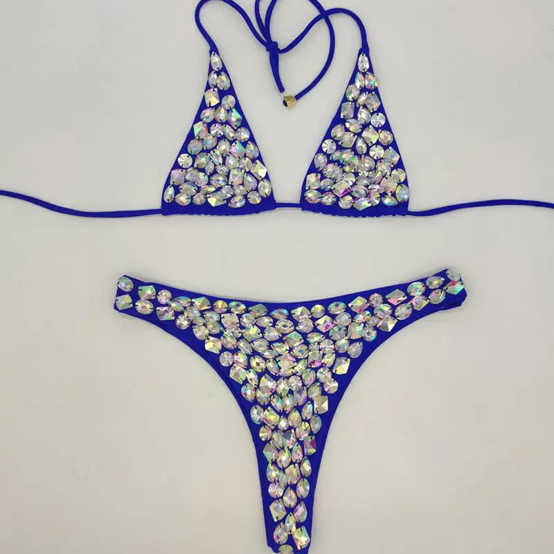 Bikini Donna 2 Pezzi Halter Push-Up con Strass, Vita Bassa, Tinta Unita, S–L