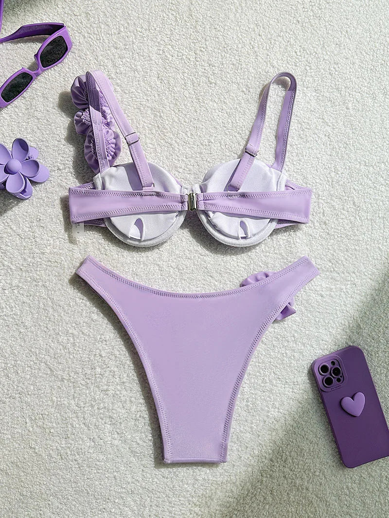 Bikini Donna Due Pezzi Push Up con Fiori 3D e Ferretto