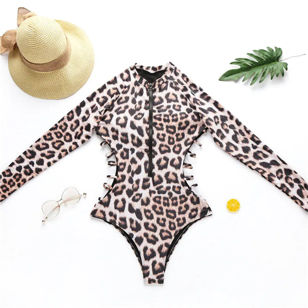 Costume Intero Donna a Maniche Lunghe Stampa Animalier con Cerniera Frontale e Protezione UV