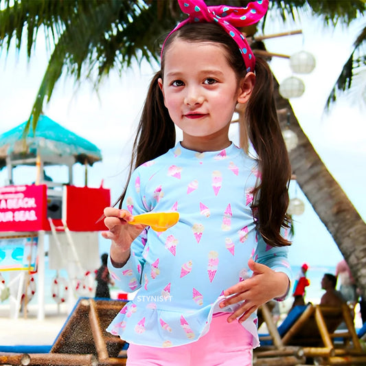 Costume da Bagno per Bambina Due Pezzi a Manica Lunga con Protezione UV – Rash Guard con Fantasia Stelle e Gelati, 2–7 Anni