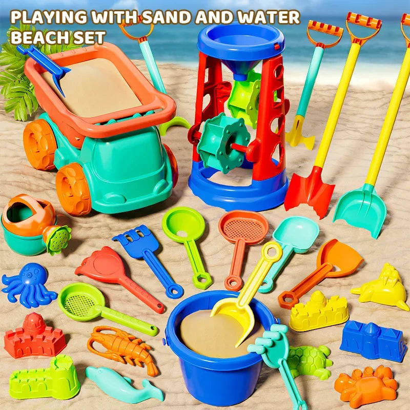 Set 31 Pezzi Giocattoli da Spiaggia per Bambini – Secchio, Pale, Stampi Dinosauri e Buggy