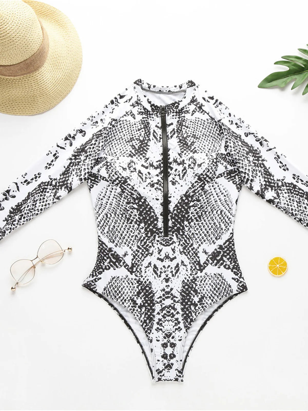 Costume Intero Donna a Maniche Lunghe Stampa Animalier con Cerniera Frontale e Protezione UV