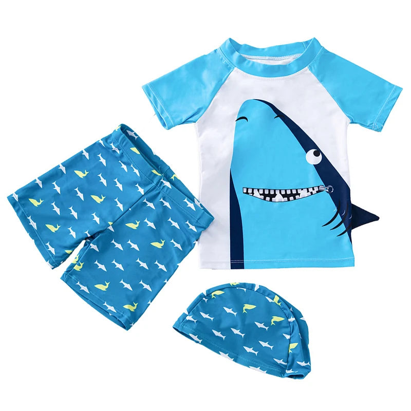 Set Nuoto Bambini 3 Pezzi UPF50+ – Rash Guard + Costume + Cuffia - Squalo Dinosauro Mare Piscina, XS(2)–3XL(14) 20 Fantasie