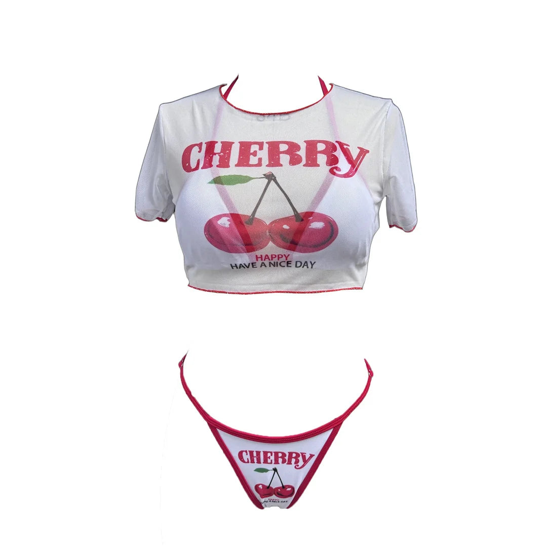 Set Bikini Tre Pezzi Donna Stampa Ciliegia, Top + Bikini a Triangolo