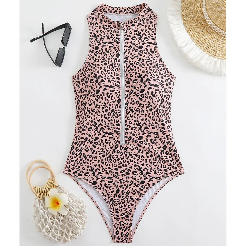 Costume da Bagno Intero Donna Taglio Alto con Zip Frontale – Stampa Animalier