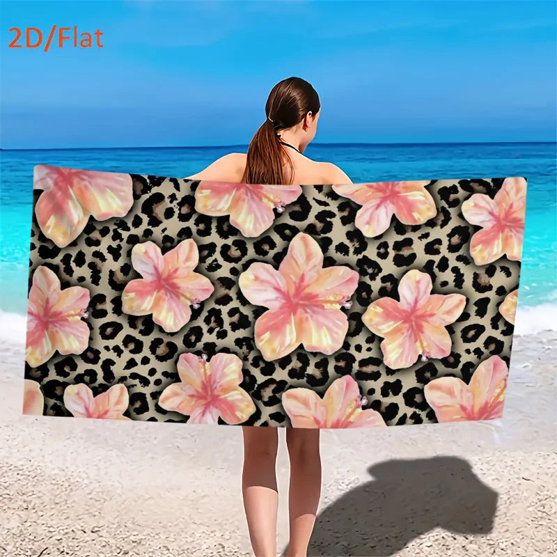 Telo Mare in Microfibra con Stampa Leopardata e Ibisco Rosa – Asciugatura Rapida, Anti-Sabbia 6 Misure da 50×100 a 140×180 cm
