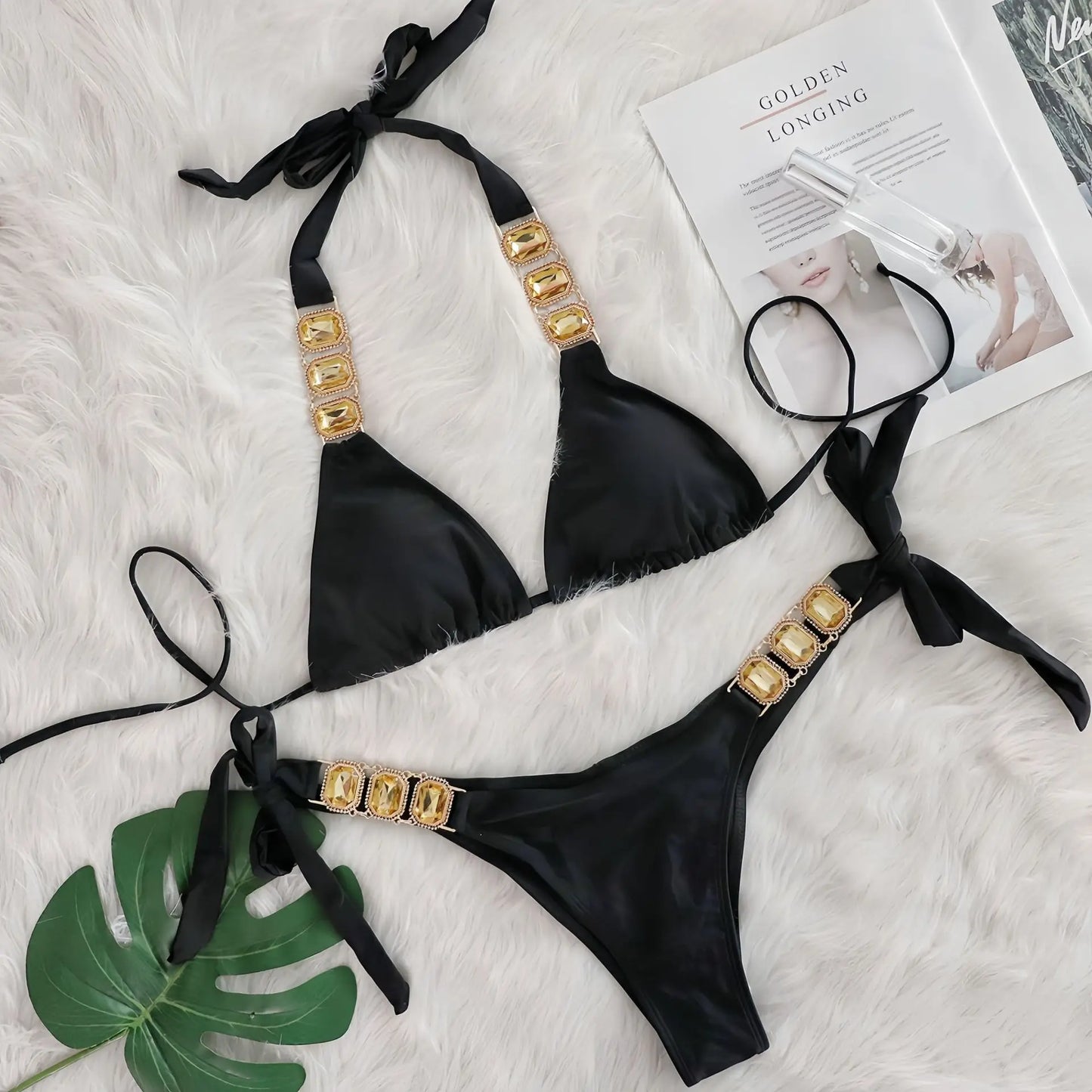 Bikini Donna Due Pezzi con Laccetti Sottili e Strass