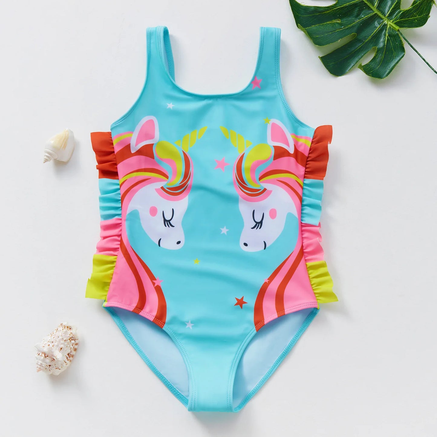 Costume da Bagno Intero Bambina con Balze e Stampa Fantasia – 21 Fantasie, Taglie 1–8 Anni