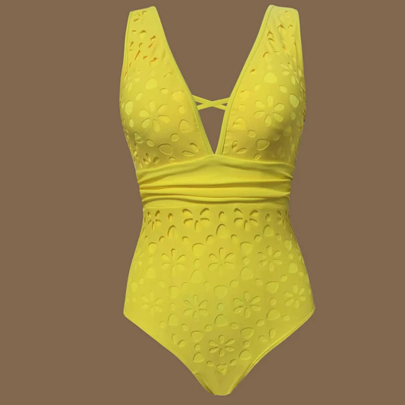 Costume Intero Donna Giallo Scollo a V Profondo con Gonna