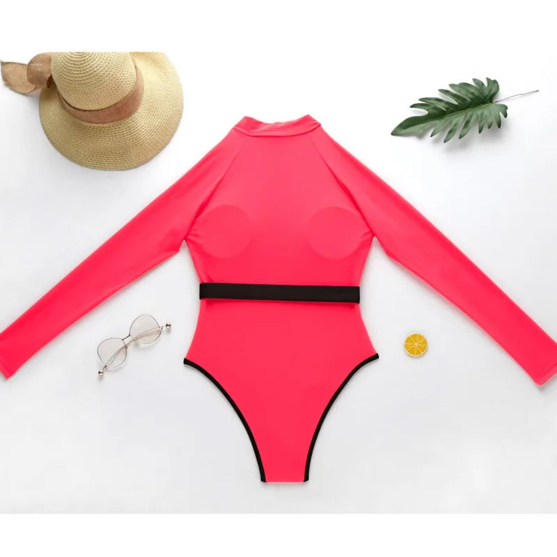 Costume Intero Donna Manica Lunga con Cerniera – Verde Fluo / Fucsia Fluo, Protezione UV, Surf