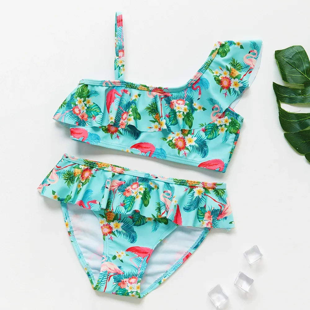 Bikini Due Pezzi Bambina con Volant – Costume da Bagno Estivo Senza Maniche, 12 Fantasie, 3–12 Anni
