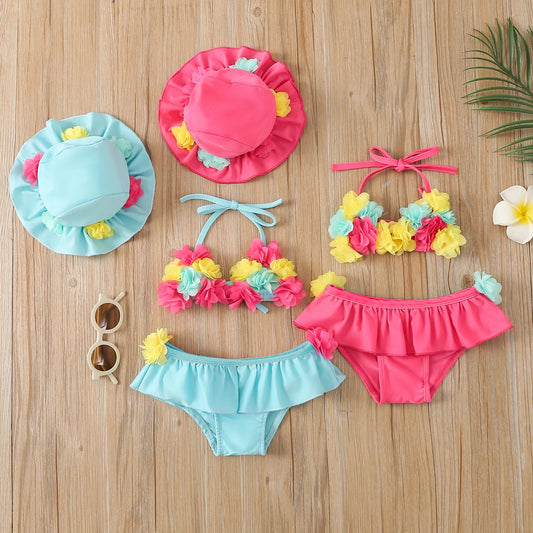 Costume da Bagno per Bambina 3 Pezzi, Bikini a Fiori con Volant e Cappellino da Sole, 6M–24M