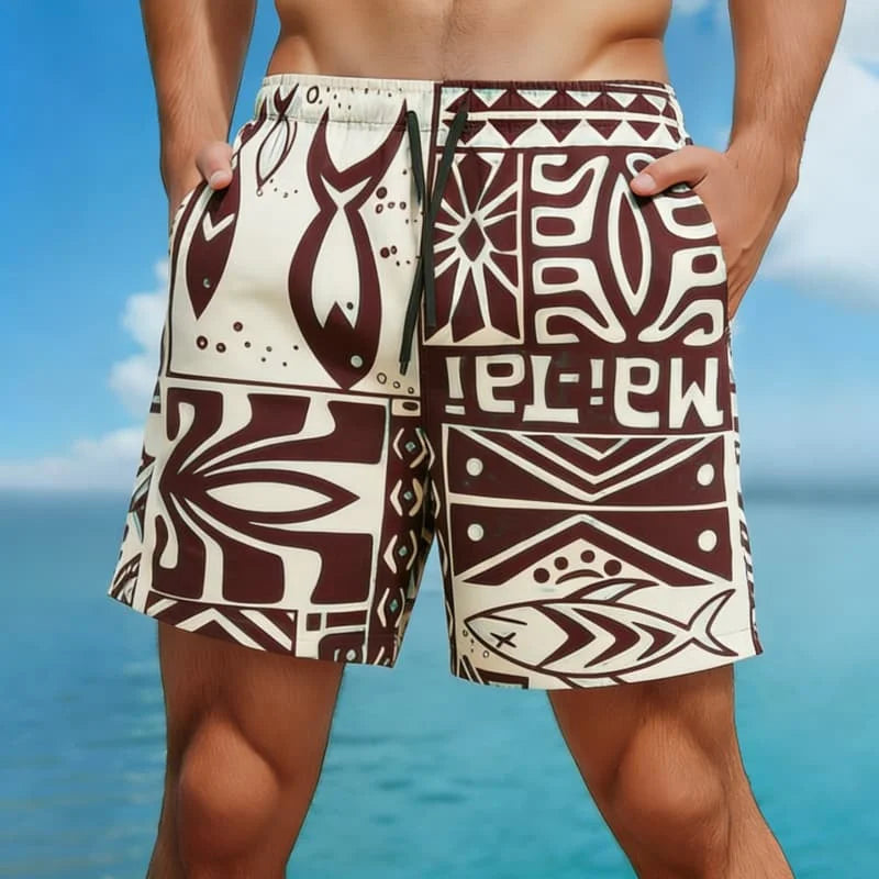 Bermuda da Spiaggia Uomo con Stampa Etnica – Pantaloncini Casual Estivi con Motivi Tribali e Geometrici, S–5XL,8 Colori