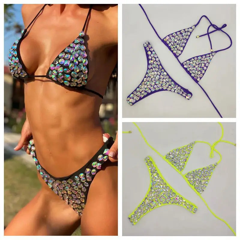 Bikini Donna 2 Pezzi Halter Push-Up con Strass, Vita Bassa, Tinta Unita, S–L