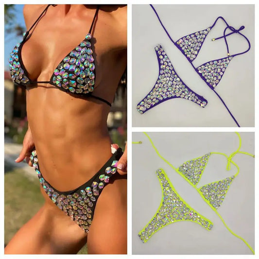 Bikini Donna 2 Pezzi Halter Push-Up con Strass, Vita Bassa, Tinta Unita, S–L