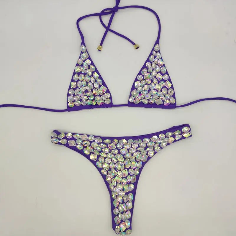 Bikini Donna 2 Pezzi Halter Push-Up con Strass, Vita Bassa, Tinta Unita, S–L