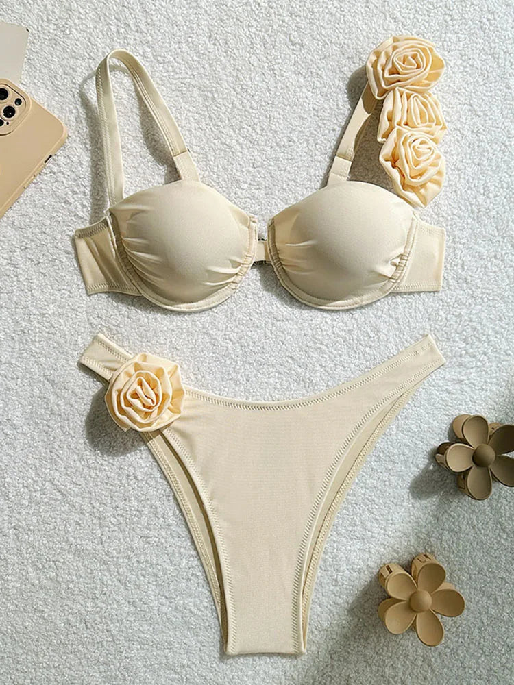 Bikini Donna Due Pezzi Push Up con Fiori 3D e Ferretto