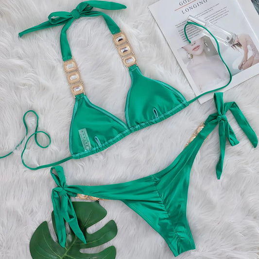 Bikini Donna Due Pezzi con Laccetti Sottili e Strass