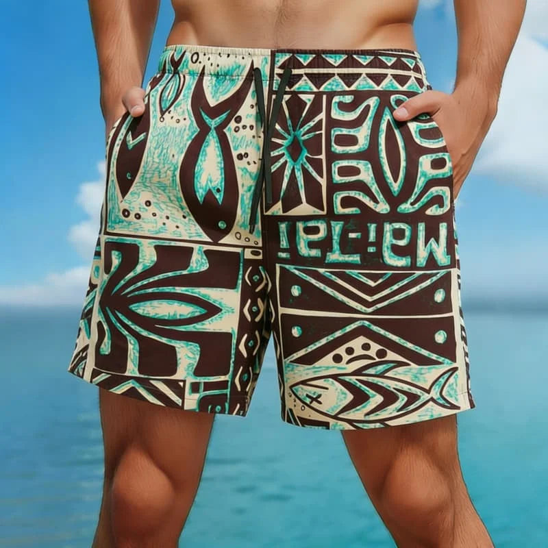 Bermuda da Spiaggia Uomo con Stampa Etnica – Pantaloncini Casual Estivi con Motivi Tribali e Geometrici, S–5XL,8 Colori