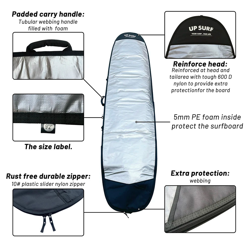 Borsa Fodero per Tavola da Surf UP SURF – Tessuto Oxford 600D Impermeabile, con Tracolla, 3 Lunghezze