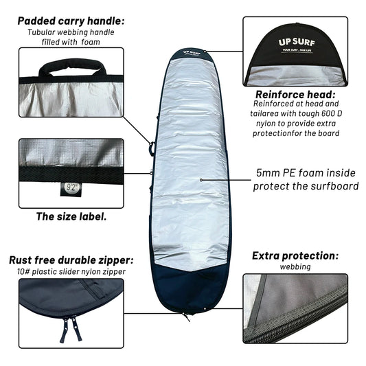 Borsa Fodero per Tavola da Surf UP SURF – Tessuto Oxford 600D Impermeabile, con Tracolla, 3 Lunghezze