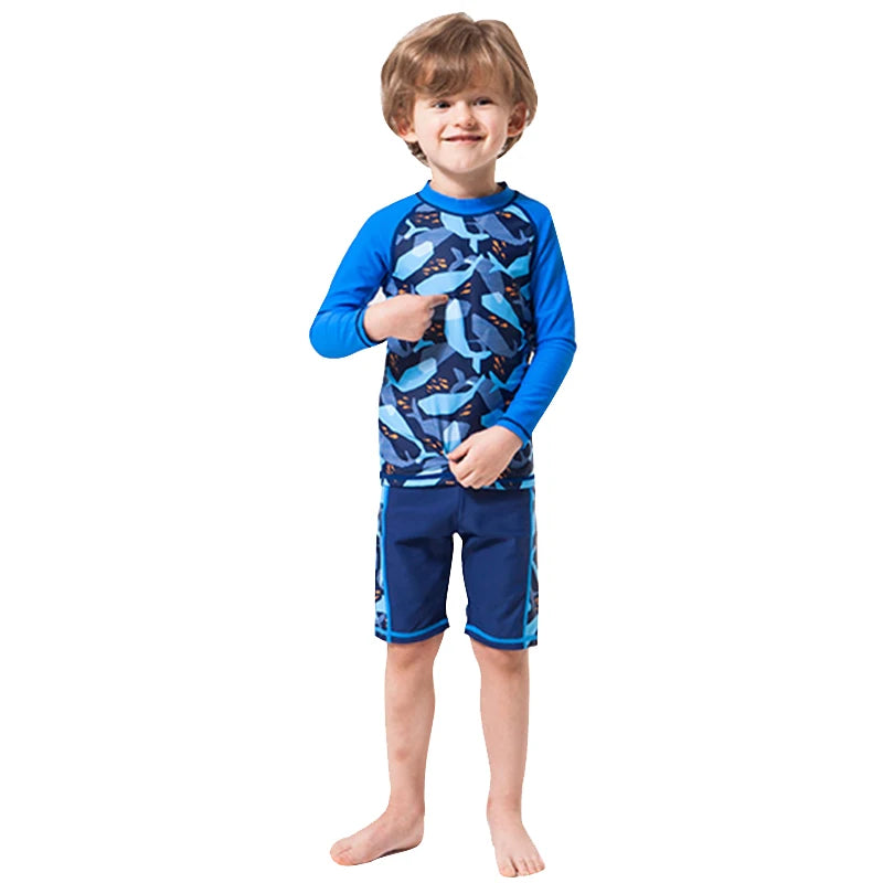 Costume da Bagno Due Pezzi Bambino e Bambina con Stampa Marina – Top e Pantaloncini, 9 Fantasie, 2–10 Anni
