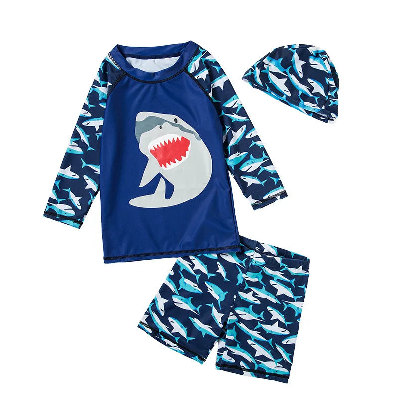 Set Nuoto Bambini 3 Pezzi UPF50+ – Rash Guard + Costume + Cuffia - Squalo Dinosauro Mare Piscina, XS(2)–3XL(14) 20 Fantasie